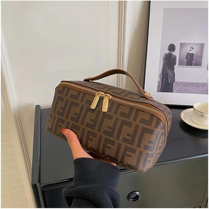 Designer Monogram Makeup Bag, Large Capacity Cosmetic Case with Handle, Makeup bag，Black and Brown (Brown)