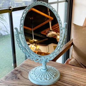 Desk Mirror, Small Desktop Makeup Mirror for Dormitory and Bedroom, Nordic Desktop Double-Sided Makeup Mirror, Pp Material, 360° Adjustable, Rounded Base, White/Blue/Pink