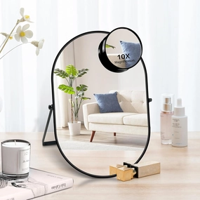 Desk Mirror, Tabletop Vanity Mirror, 360°Adjustable Rotation Vintage Metal Framed Table Mirror with Stand and 10X Magnifying Room for Living Room, Bedroom, Tabletop, Bathroom (Black Oval)
