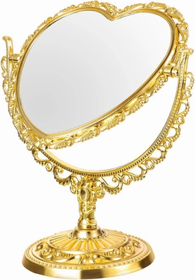 Desktop Cute Stuff Makeup Mirror Retro Heart Shape Tabletop Vanity Cosmetic Mirror Rotating Standing Cosmetic Mirror for Dresser Vanity Desktop Mirrors Bedroom (Golden)