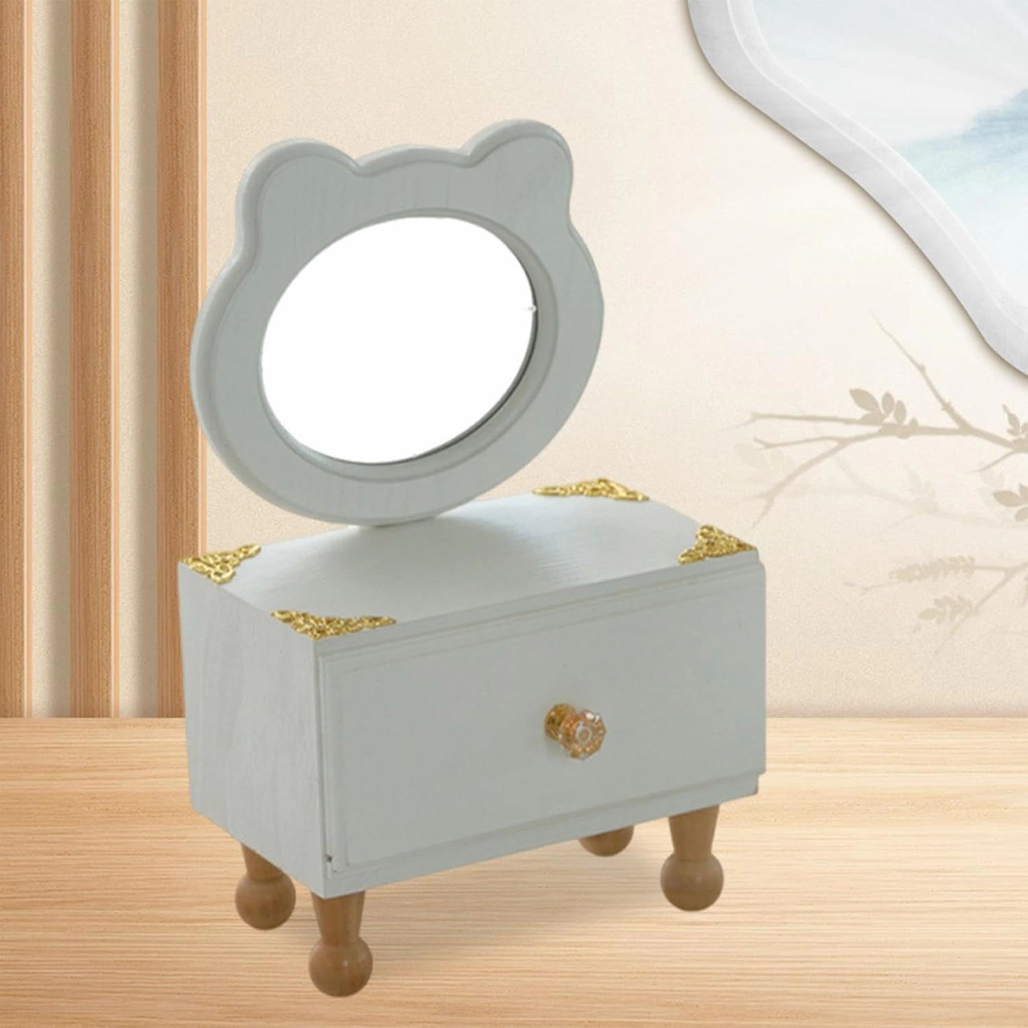Desktop Makeup Mirror with Drawer Cosmetic Organizer Home Decor Elegant Birthday Gift for Women Makeup Case for Dressing Room, Bear Shaped Mirror