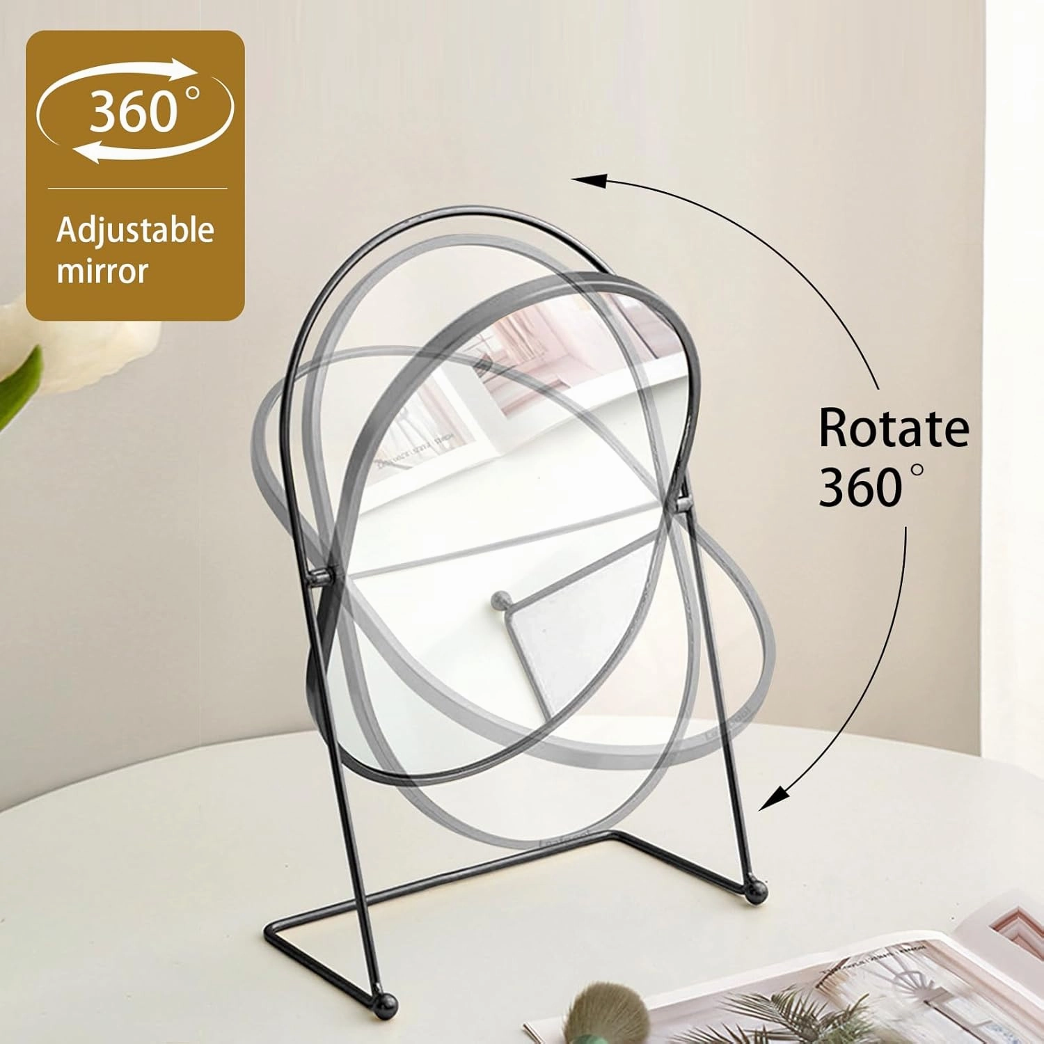 Desktop Makeup Mirror with Standing, 360° Rotation Black Oval Make up Mirror Cosmetic Mirror for Dressing Room Bedroom Bathroom