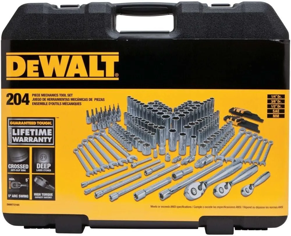 DEWALT Mechanics Tools Kit and Socket Set, 204-Piece, 1/4" & 3/8" & 1/2" Drive, MM/SAE (DWMT72165)