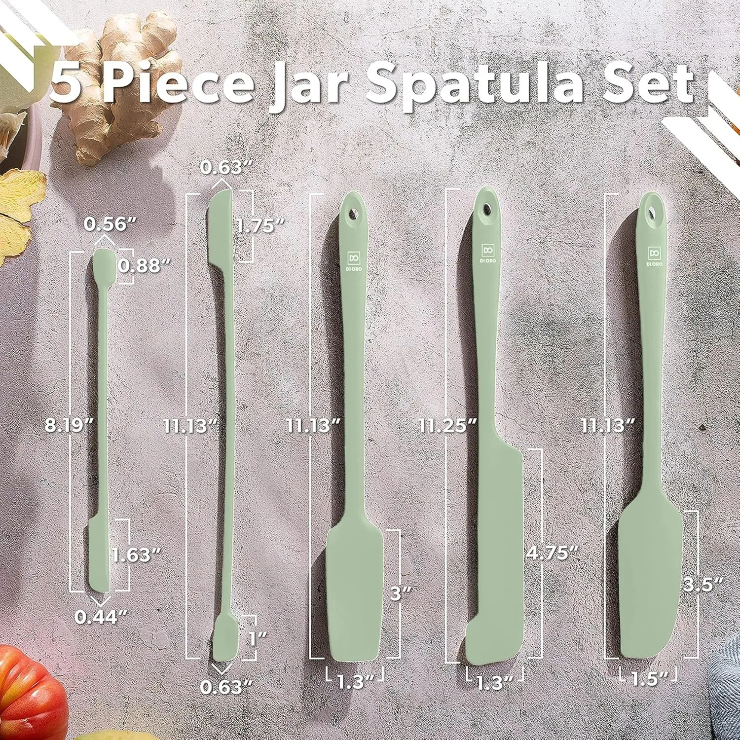 DI ORO Silicone Jar Spatulas for Scraping - Rubber Spatulas Silicone Heat Resistant - Kitchen Spatulas Nonstick Cookware Safe - Silicone Utensil Set for Blenders, Mixing, Baking, & Makeup (5pc, Sage)