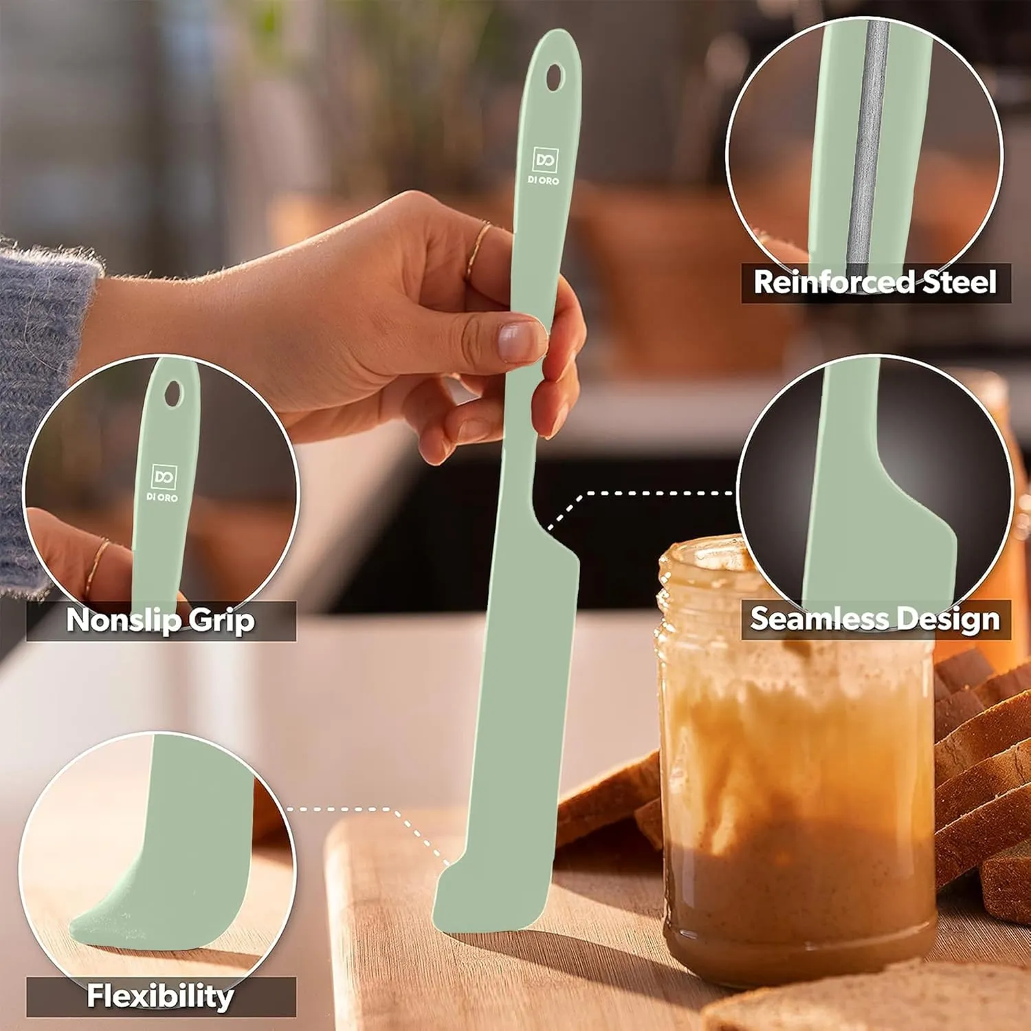 DI ORO Silicone Jar Spatulas for Scraping - Rubber Spatulas Silicone Heat Resistant - Kitchen Spatulas Nonstick Cookware Safe - Silicone Utensil Set for Blenders, Mixing, Baking, & Makeup (5pc, Sage)
