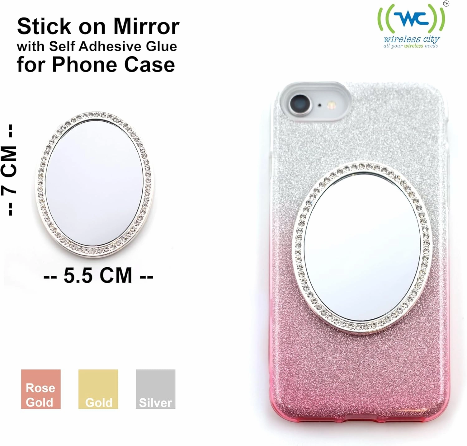 Diamond Bling Makeup Mirror for Cell Phone Cases - Cell Phone Mirror for Makeup (Oval Shape Phone Mirror-Silver)