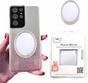 Diamond Bling Makeup Mirror for Cell Phone Cases - Cell Phone Mirror for Makeup (Oval Shape Phone Mirror-Silver)