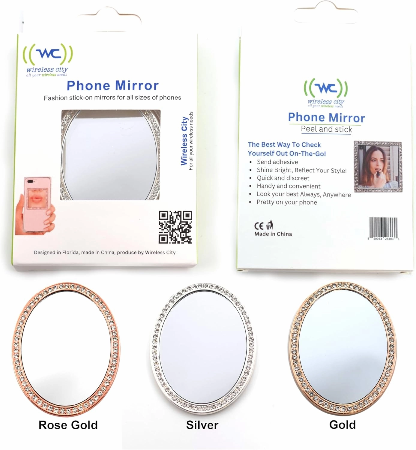 Diamond Bling Makeup Mirror for Cell Phone Cases - Cell Phone Mirror for Makeup (Oval Shape Phone Mirror-Silver)
