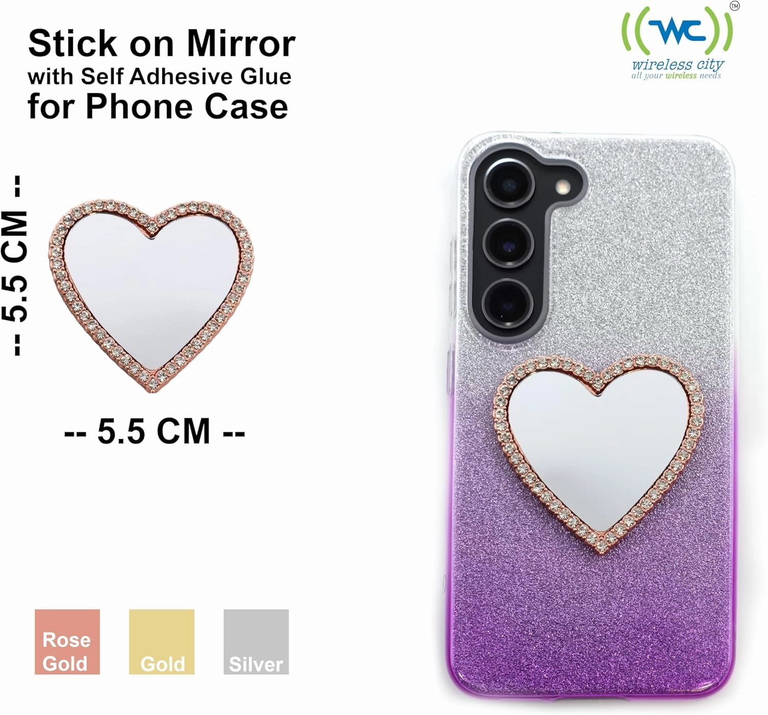 Diamond Bling Makeup Mirror for Cell Phone Cases Cell Phone Mirror for Makeup (Heart Shape Phone Mirror-Rose Gold)