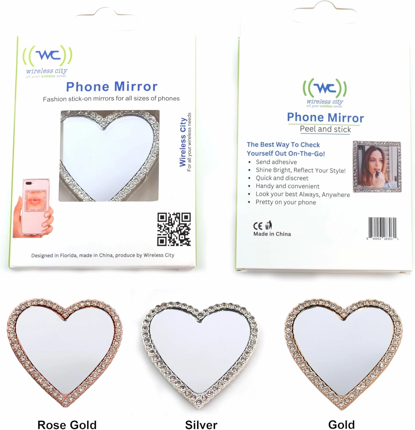 Diamond Bling Makeup Mirror for Cell Phone Cases Cell Phone Mirror for Makeup (Heart Shape Phone Mirror-Rose Gold)