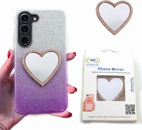 Diamond Bling Makeup Mirror for Cell Phone Cases Cell Phone Mirror for Makeup (Heart Shape Phone Mirror-Rose Gold)