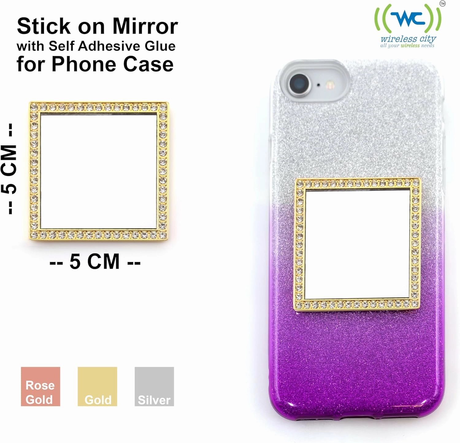 Diamond Bling Makeup Mirror for Phone Case - Gold, Stick-On Vanity Mirror with Cubic Zirconia Stones, Universal Fit, Perfect for Selfies and Makeup Touch-Ups