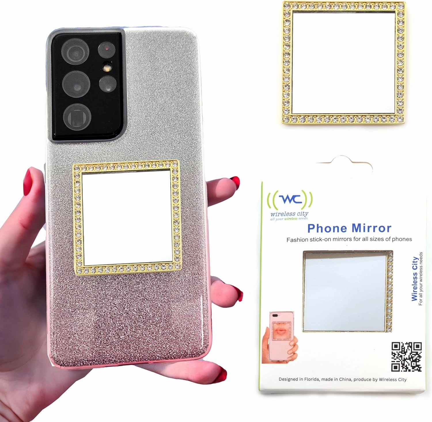 Diamond Bling Makeup Mirror for Phone Case - Gold, Stick-On Vanity Mirror with Cubic Zirconia Stones, Universal Fit, Perfect for Selfies and Makeup Touch-Ups