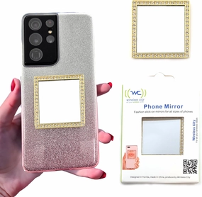 Diamond Bling Makeup Mirror for Phone Case - Gold, Stick-On Vanity Mirror with Cubic Zirconia Stones, Universal Fit, Perfect for Selfies and Makeup Touch-Ups