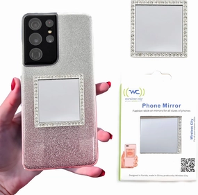 Diamond Bling Makeup Mirror for Phone Case - Silver, Stick-On Vanity Mirror with Cubic Zirconia Stones, Universal Fit, Perfect for Selfies and Makeup Touch-Ups