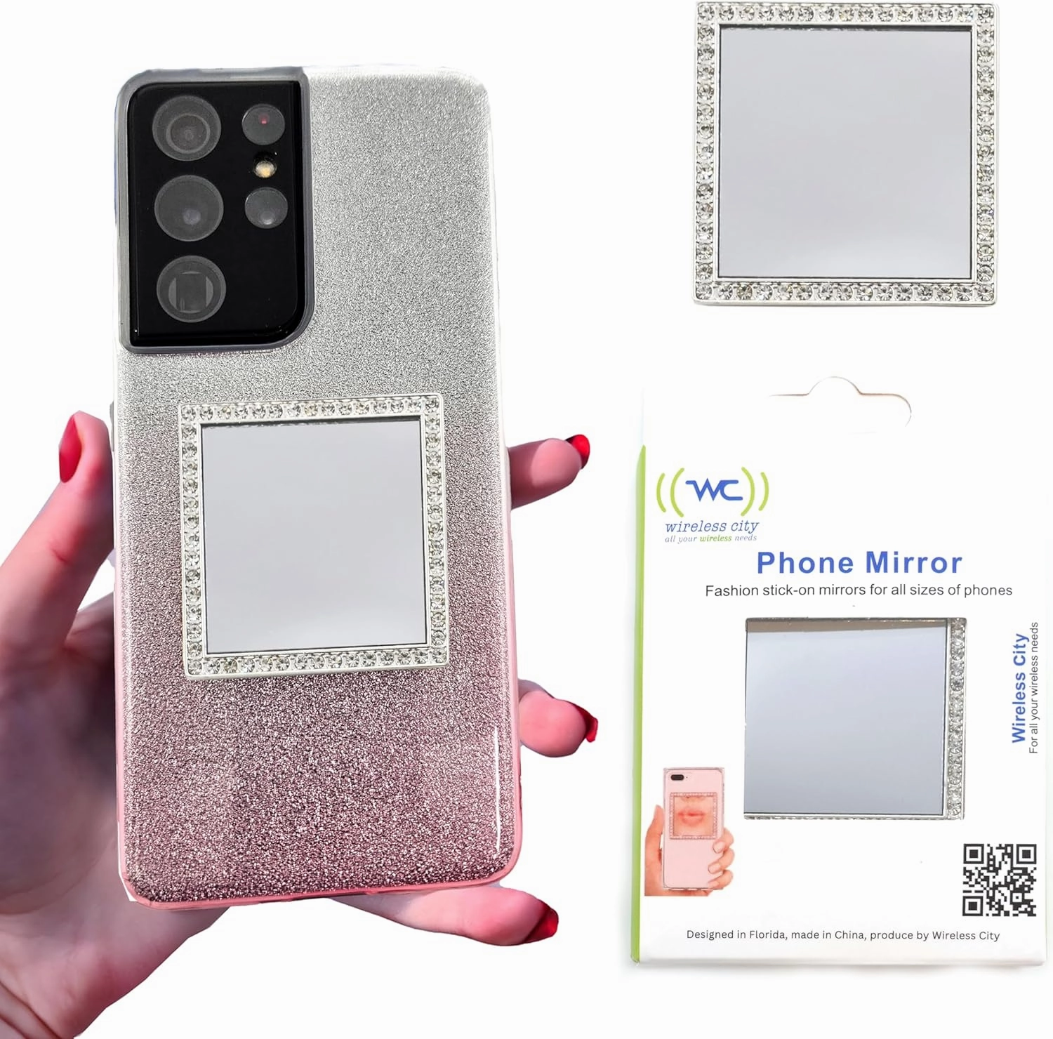 Diamond Bling Makeup Mirror for Phone Case - Silver, Stick-On Vanity Mirror with Cubic Zirconia Stones, Universal Fit, Perfect for Selfies and Makeup Touch-Ups