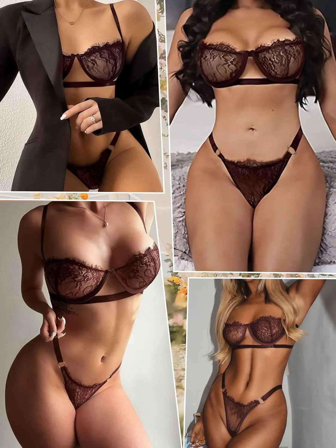 Dlsave Sexy Lingerie for Women Eyelash Lace Mesh Matching Bra and Panty Sets Push Up Lace Bralette 2 Piece Lingerie Set