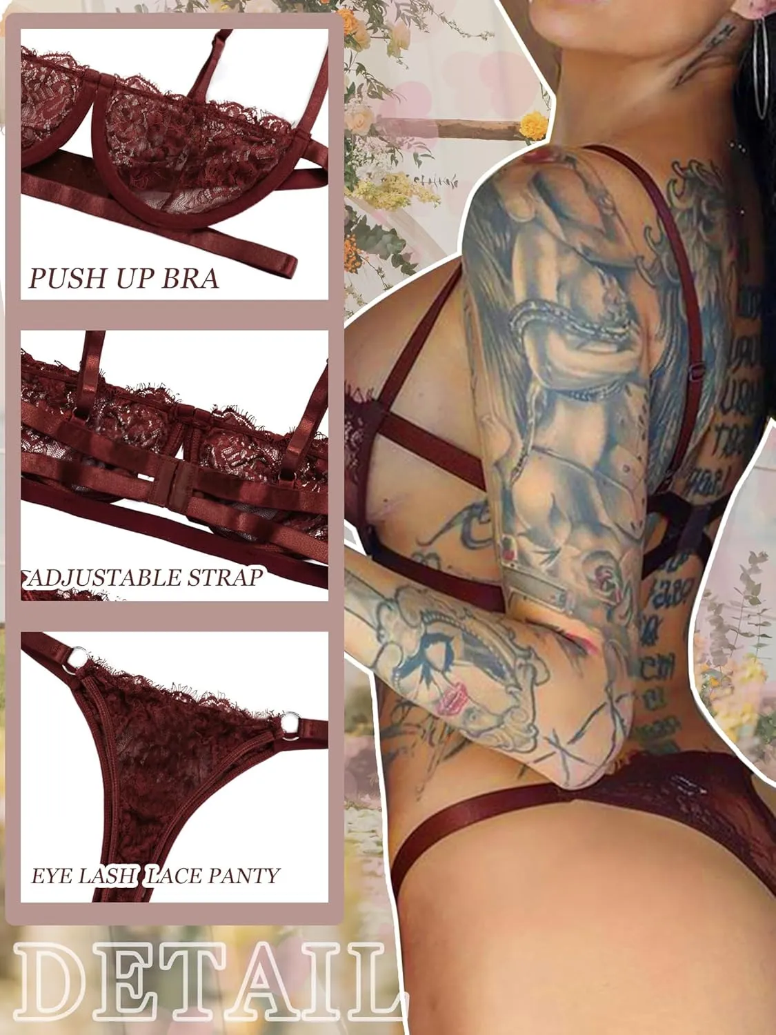 Dlsave Sexy Lingerie for Women Eyelash Lace Mesh Matching Bra and Panty Sets Push Up Lace Bralette 2 Piece Lingerie Set