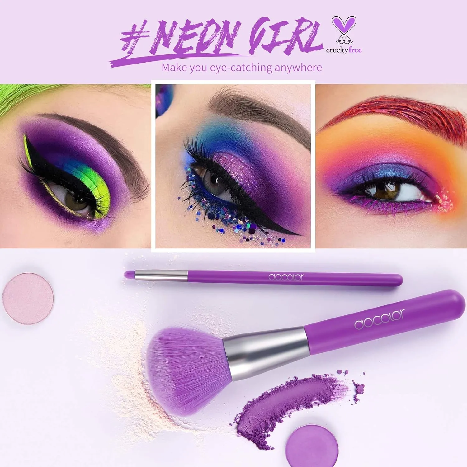 Docolor Makeup Brushes 10Pcs Makeup Brush Set Premium Synthetic Powder Kabuki Foundation Contour Blush Concealer Eye Shadow Blending Liner Make Up Brush Kit - Neon Purple