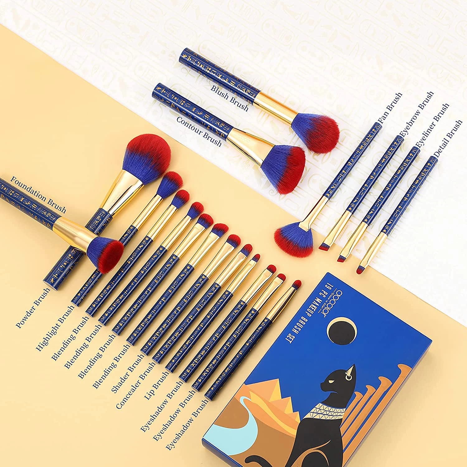 Docolor Makeup Brushes 19Pcs Makeup Brush Set Premium Gift Synthetic Powder Kabuki Foundation Contour Blush Concealer Eye Shadow Blending Liner Make Up Brush Kit, Ancient Egyptian Series