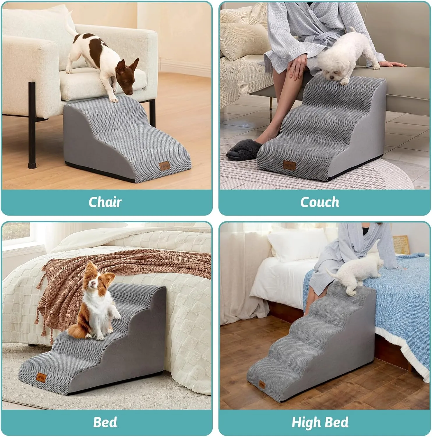 Dog Stairs for Small Dogs 15.7" H, Curved Dog Step for Puppy, Older Cat, Medium Pet Ramp for Sofa, Couch or Bed, Ladder with High Density Foam, 15.7x22.4x15.7 inch, 3 Step, Grey