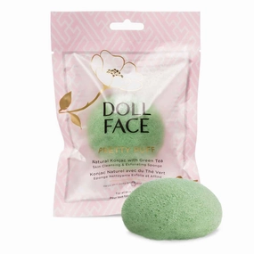 DOLL FACE Konjac Sponge | Natural Exfoliating and Facial Cleansing | Pre-moistened Green Tea Pretty Puff with Anti-Oxidants | All Skin Types | 1 Piece