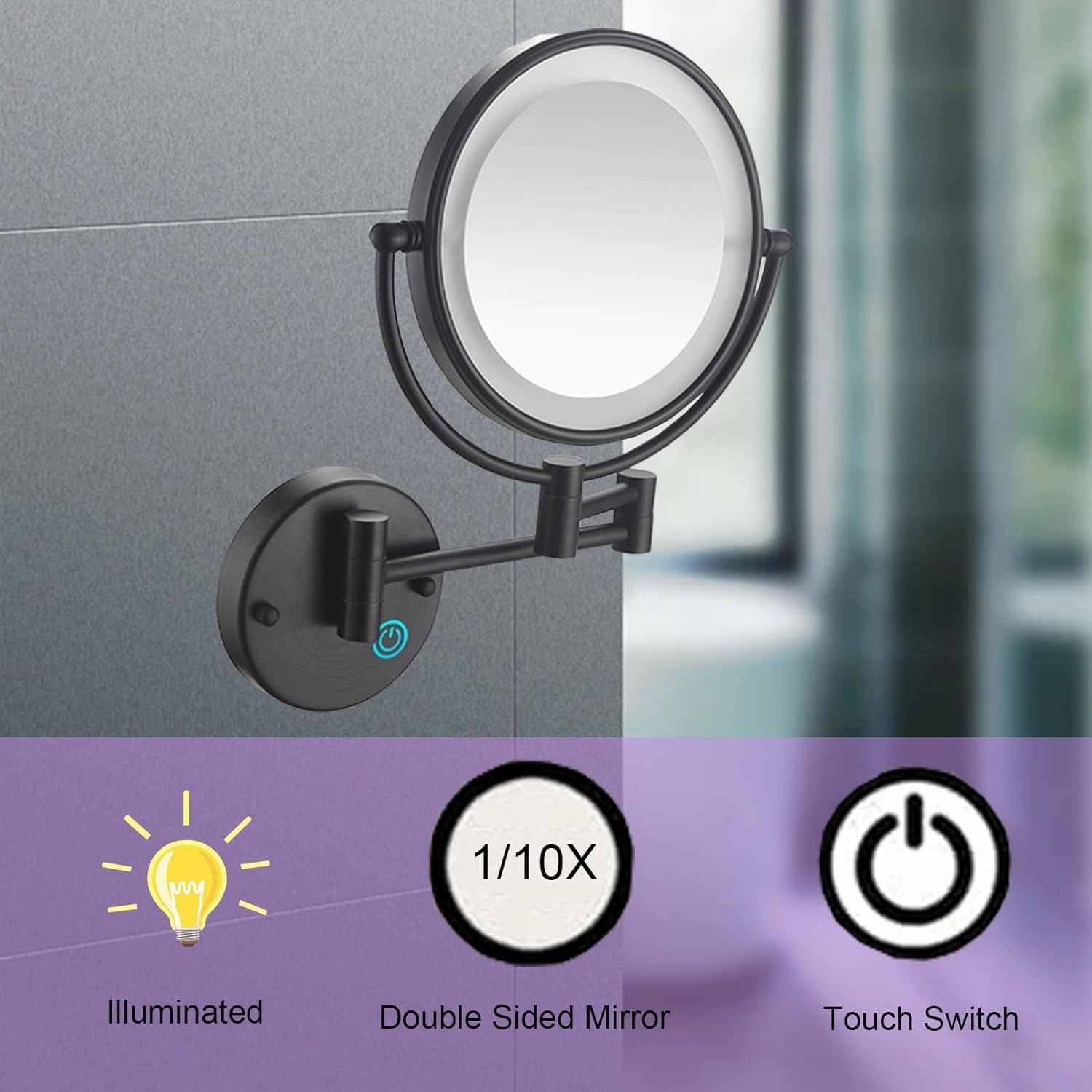 Double Sided Makeup Vanity Mirror with Led Lights, Cosmetic Mirror with Touch Switch, 360° Rotation Shaving Mirror Extendable Lightweight, Magnifying Vanity Mirror with Double Sided