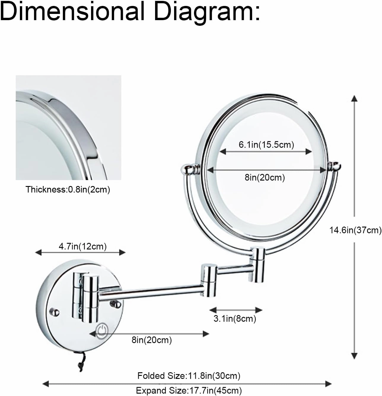 Double Sided Makeup Vanity Mirror with Led Lights, Cosmetic Mirror with Touch Switch, 360° Rotation Shaving Mirror Extendable Lightweight, Magnifying Vanity Mirror with Double Sided
