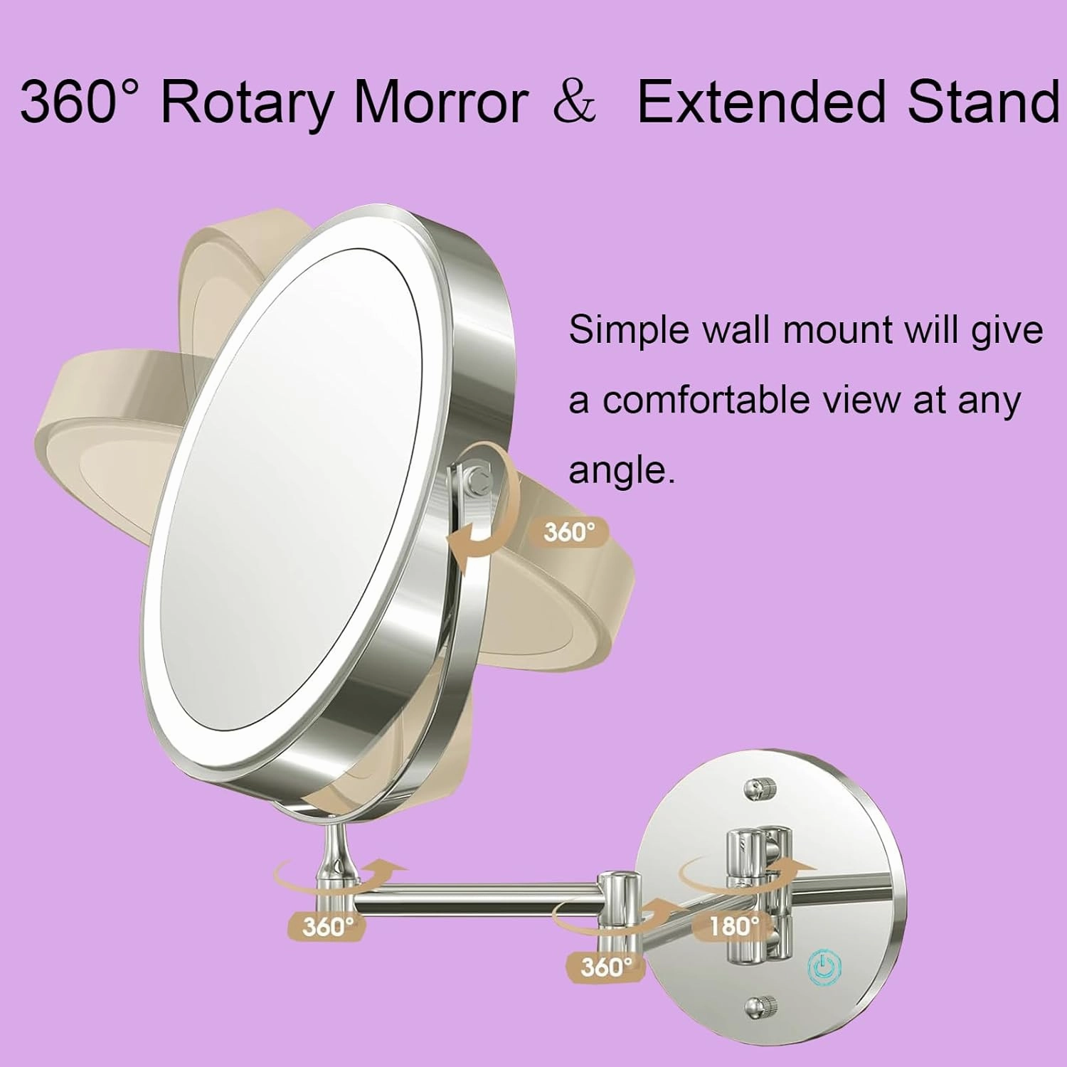 Double Sided Makeup Vanity Mirror with Led Lights, Cosmetic Mirror with Touch Switch, 360° Rotation Shaving Mirror Extendable Lightweight, Magnifying Vanity Mirror with Double Sided