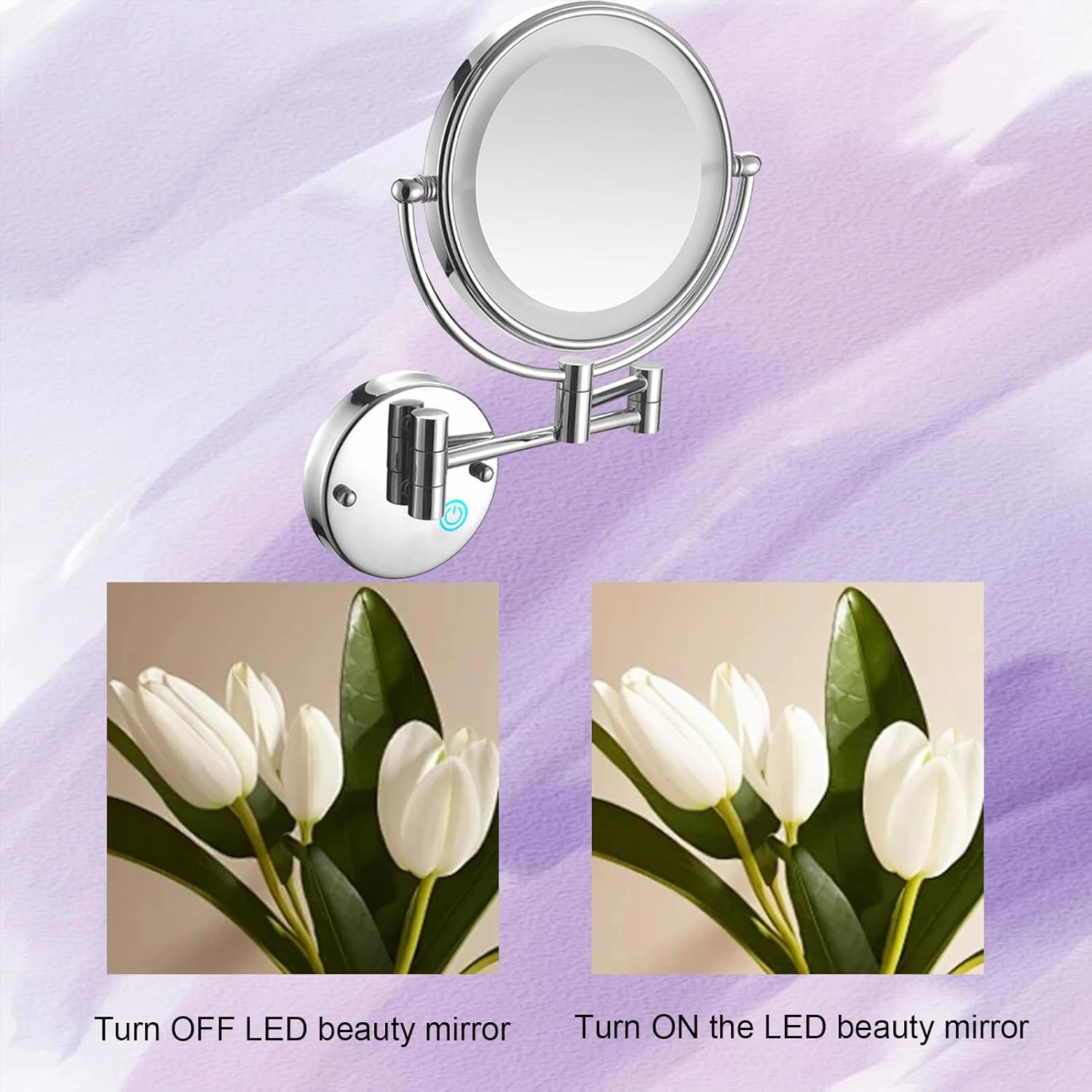 Double Sided Makeup Vanity Mirror with Led Lights, Cosmetic Mirror with Touch Switch, 360° Rotation Shaving Mirror Extendable Lightweight, Magnifying Vanity Mirror with Double Sided
