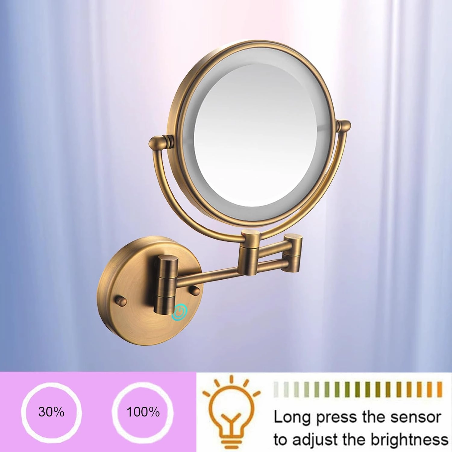 Double Sided Makeup Vanity Mirror with Led Lights, Cosmetic Mirror with Touch Switch, 360° Rotation Shaving Mirror Extendable Lightweight, Magnifying Vanity Mirror with Double Sided
