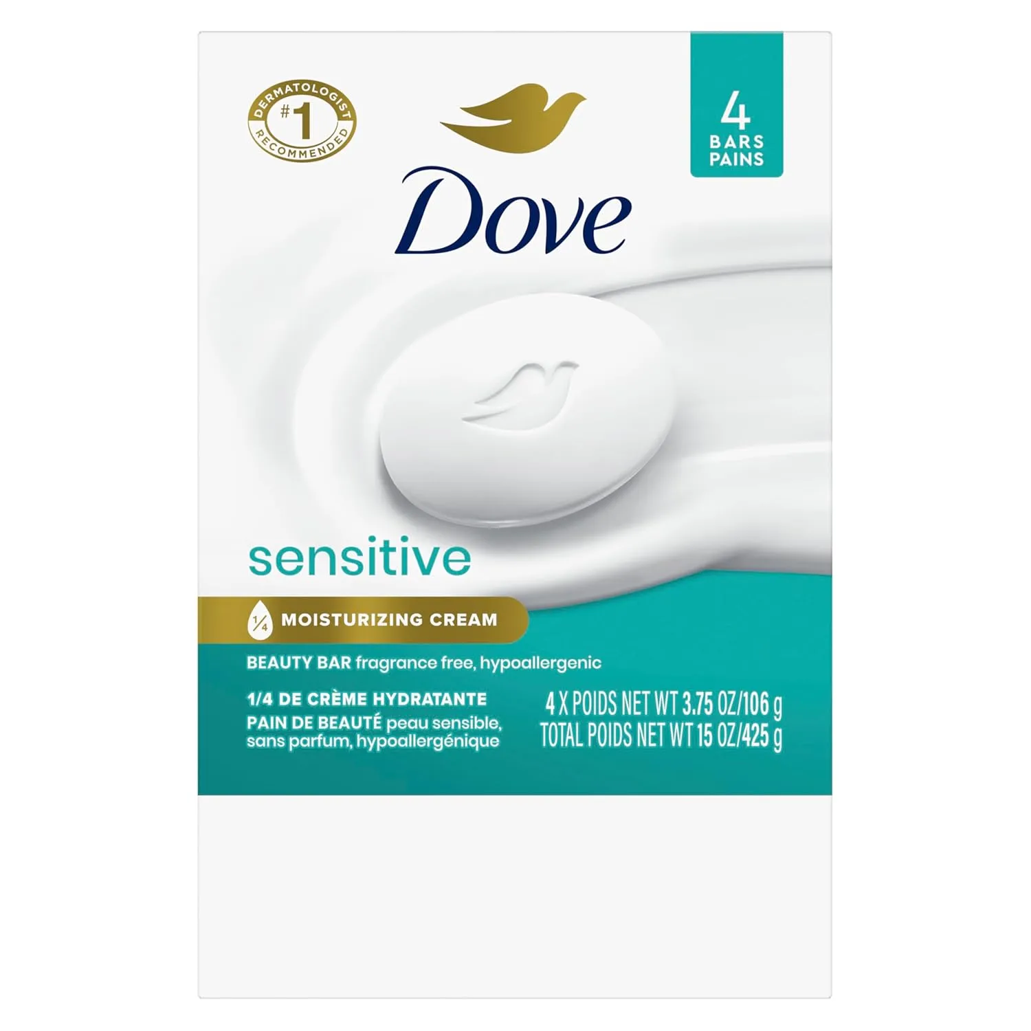 Dove Beauty Bar Soap Sensitive, 24 Bars for Sensitive Skin, Fragrance Free and Hypoallergenic 3.75 oz