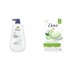 Dove Body Wash Deep Moisture 30.6oz Cucumber Green Tea Beauty Bar 6 Bars 3.75oz Bundle