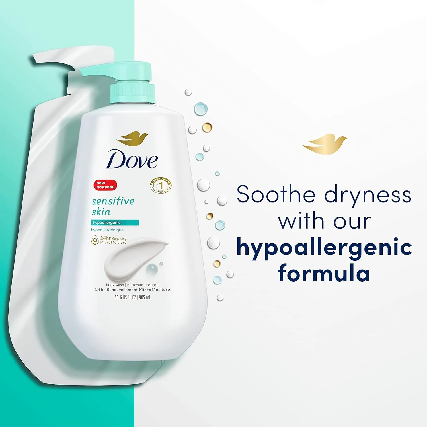 Dove Body Wash With Pump Sensitive Skin 3 Count Hypoallergenic, Paraben-Free, Sulfate-Free, Cruelty-Free, Moisturizing Skin Cleanser Effectively Washes Away Bacteria While Nourishing Skin 30.6 oz