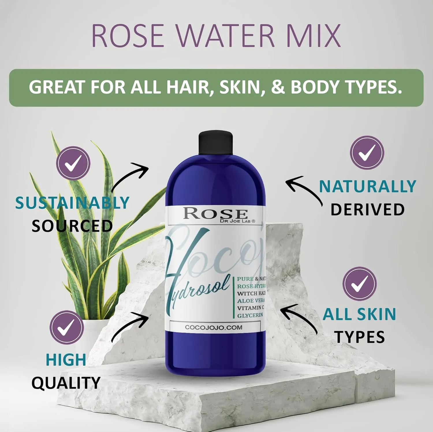 Dr Joe Lab Rose Water Hydrosol, Glycerin, Aloe Vera, Vitamin C & Witch Hazel Mix - Natural, Vegan, Non GMO, Floral, Face, Hair- 32 oz - Hydrating, Cleansing, Toning - Packaging May Vary
