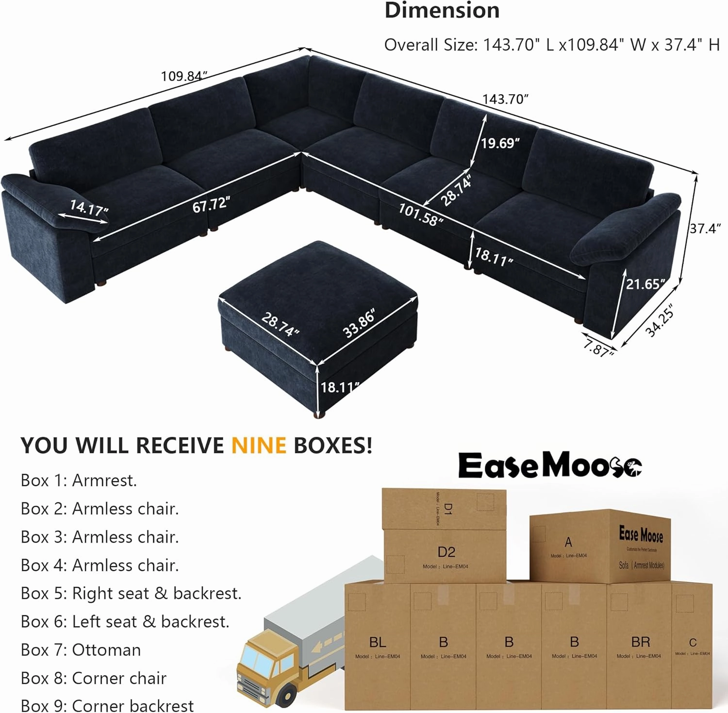 EASE MOOSE Oversized Sectional Modular Sofa,Modern Comfort L Shape Sectional Couch Wide Deep seat Couch for Living Room,Blue