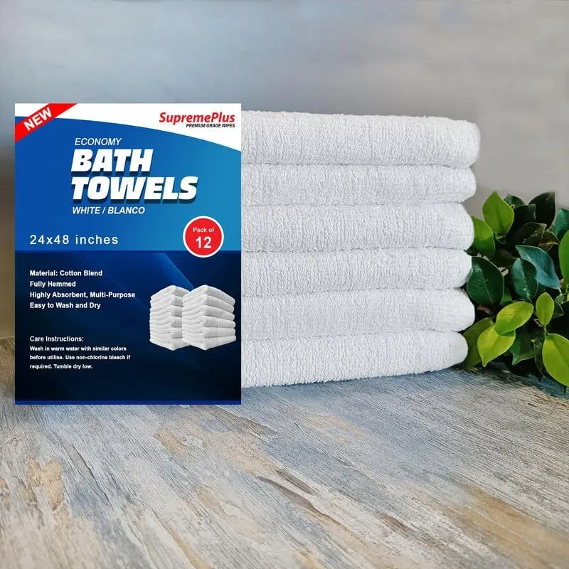 Economy White Bath Towels 24x48 - Towel Set for Everyday Use in Bathroom, Gym, & Hotel, Standard Cotton Blend Textile, Soft & Absorbent, Quick Wash & Dry (Pack of 12)