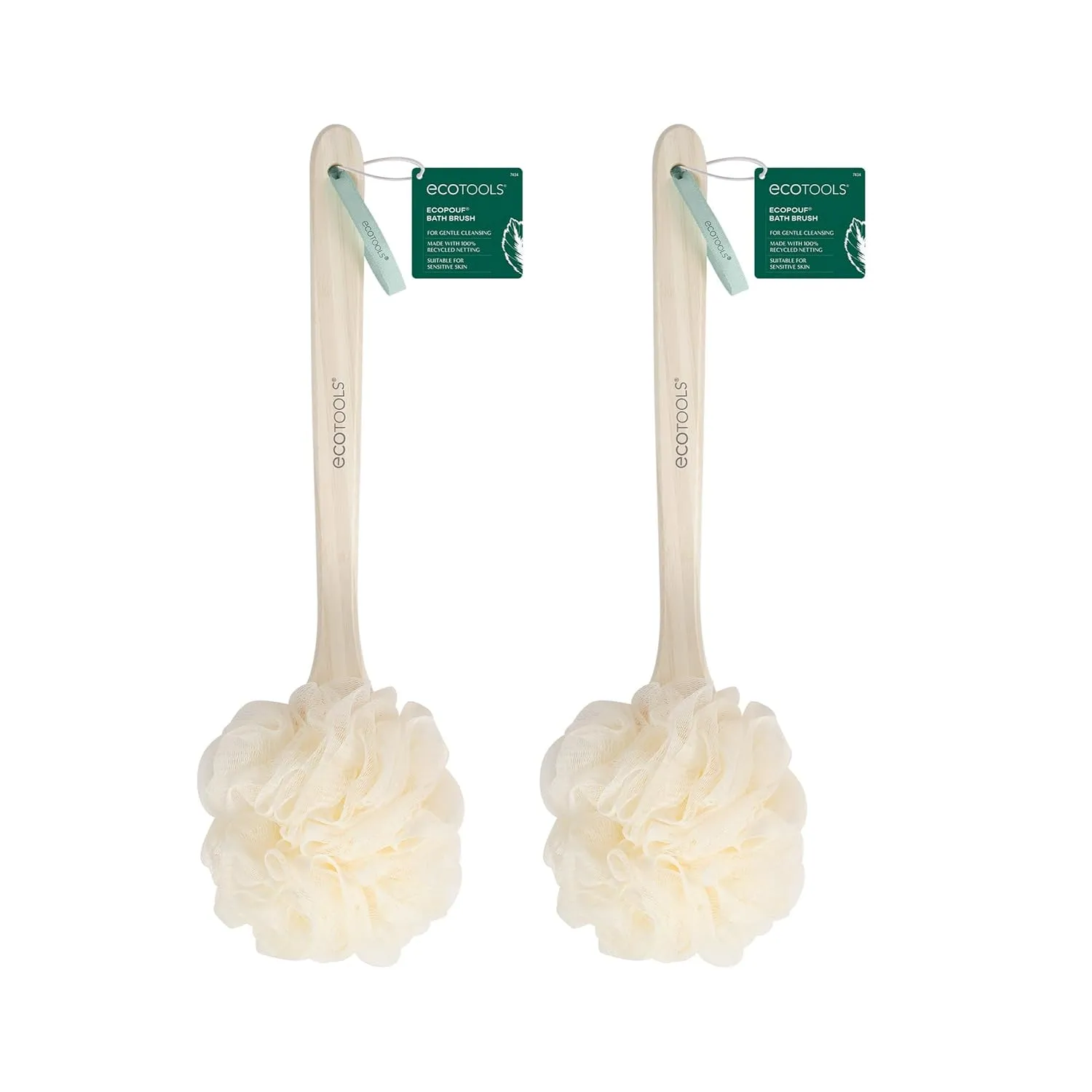 EcoTools EcoPouf Bath Brush, Loofah Brush for Bath & Shower, Made with Long Handle & Recycled, Soft Netting for Gentle Exfoliation, Back Brush for Men & Women, Eco-Friendly & Cruelty-Free, 2 Count