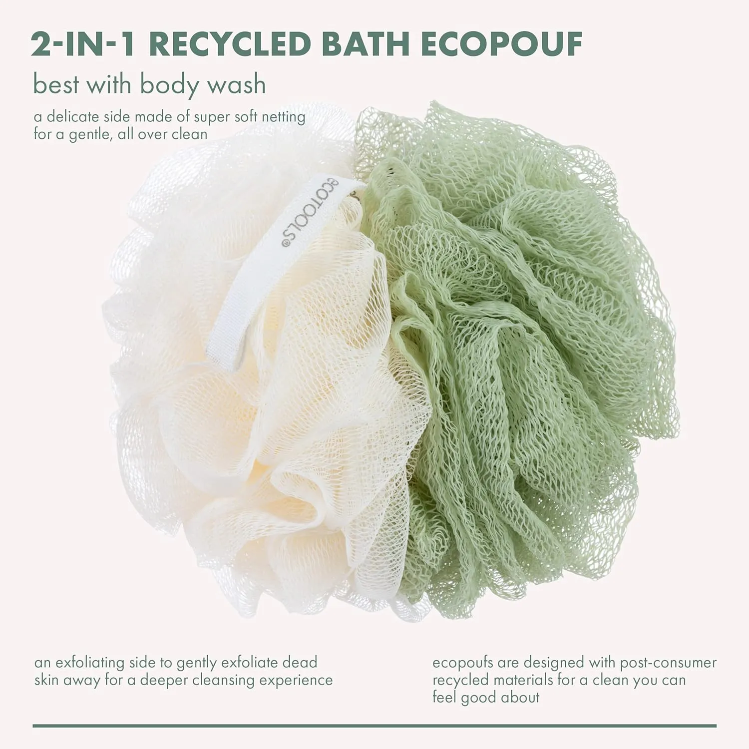 EcoTools Green 2-in-1 EcoPouf, Dual-Sided Shower Loofah Exfoliates & Cleanses Skin, Made of Recycled Netting, Removes Dead Skin, Eco-Friendly Bath Accessory, Cruelty-Free, 6 Count (60g)