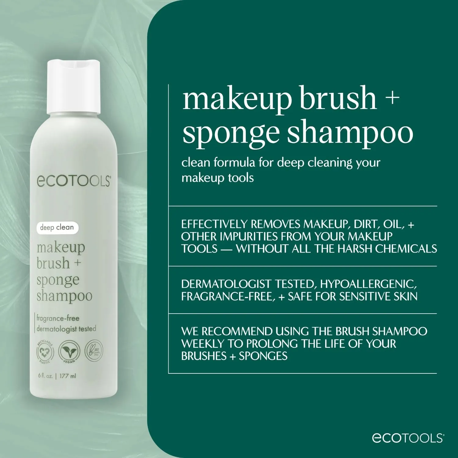 EcoTools XL Makeup Brush   Sponge Shampoo, Removes Makeup, Dirt, & Impurities From Makeup Brushes & Makeup Blending Sponges, Fragrance-Free, Vegan, & Cruelty-Free 16 fl. oz./473 ml, 1 Count, Clear