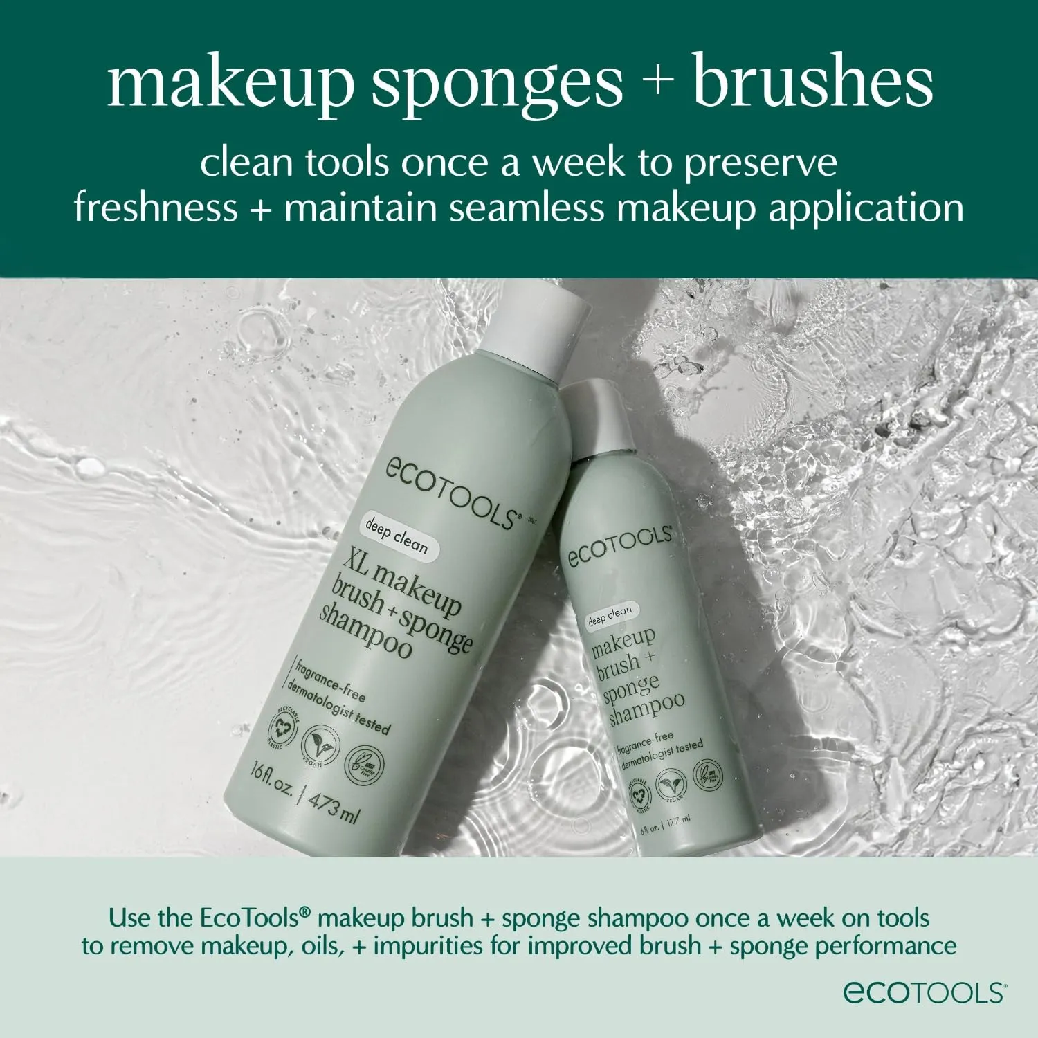 EcoTools XL Makeup Brush   Sponge Shampoo, Removes Makeup, Dirt, & Impurities From Makeup Brushes & Makeup Blending Sponges, Fragrance-Free, Vegan, & Cruelty-Free 16 fl. oz./473 ml, 1 Count, Clear