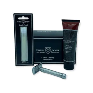Edwin Jagger Boxed Razor Shaving Set for Men - Classic Double-Edge Safety Razor | Shaving Cream | Styptic Pencil (DE89L Razor, Sandalwood Shaving Cream, SP)