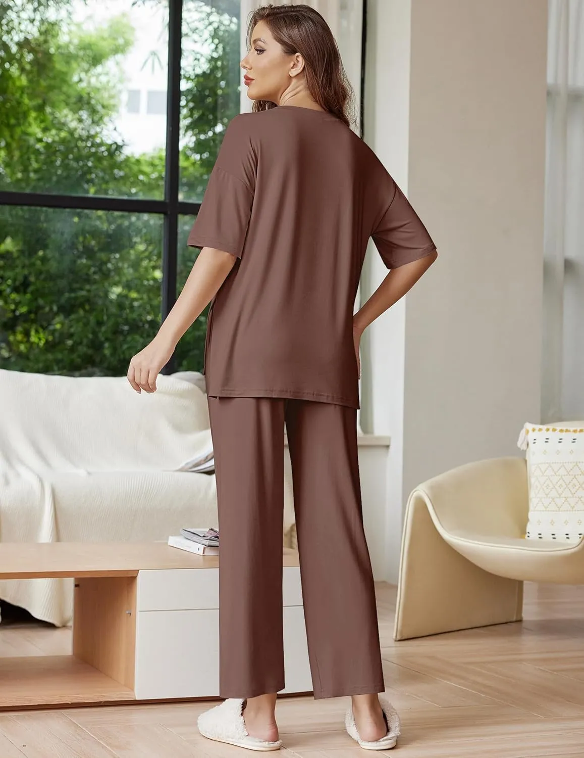 Ekouaer Lounge Sets for Women Short Sleeve Tops and Long Pants Soft Comfy Pajamas Set 2 Piece Outfits S-XXL