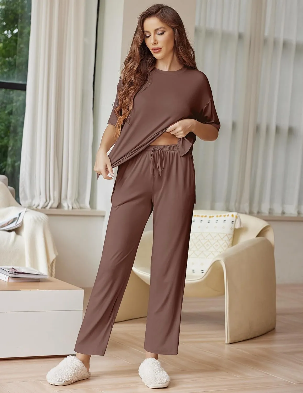 Ekouaer Lounge Sets for Women Short Sleeve Tops and Long Pants Soft Comfy Pajamas Set 2 Piece Outfits S-XXL