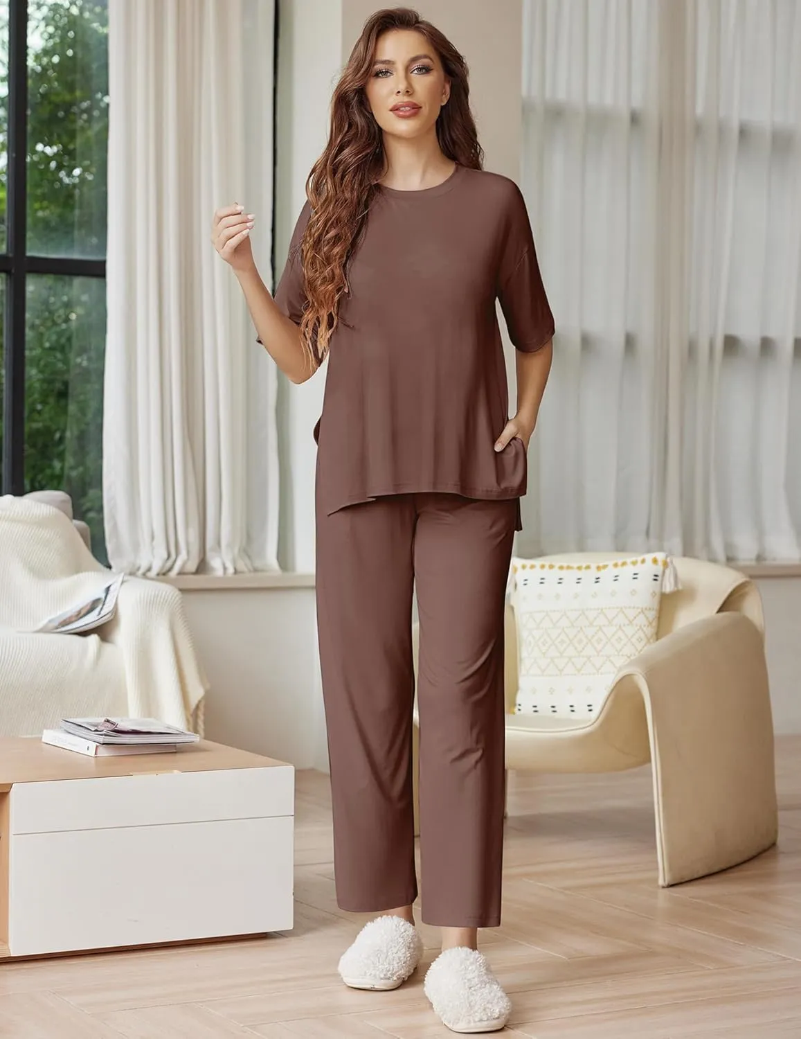 Ekouaer Lounge Sets for Women Short Sleeve Tops and Long Pants Soft Comfy Pajamas Set 2 Piece Outfits S-XXL