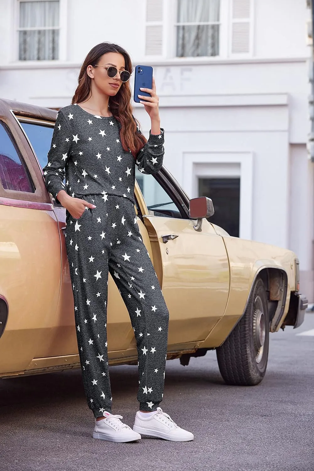 Ekouaer Womens Jogger Pajama Sets Long Sleeve Sleepwear Round Neck Nightwear Soft Pjs Lounge Sets with Pockets