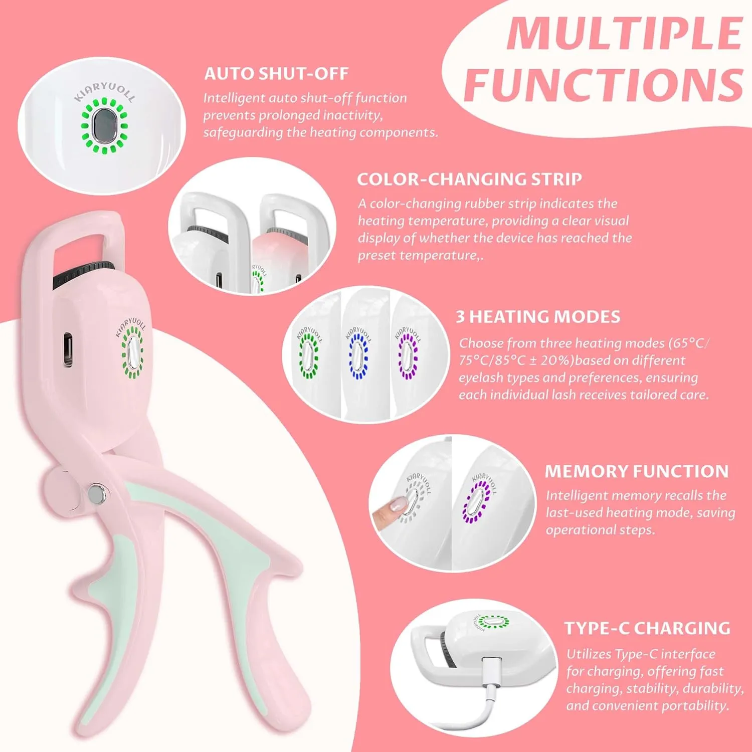 Electric Heated Eyelash Curler Kit Hot Lash Therapy Professional Eyelash Tools Battery Powered Lash Lifter Rechargeable Clamp for Various Eye Types Plastic Material (Colour Pink)