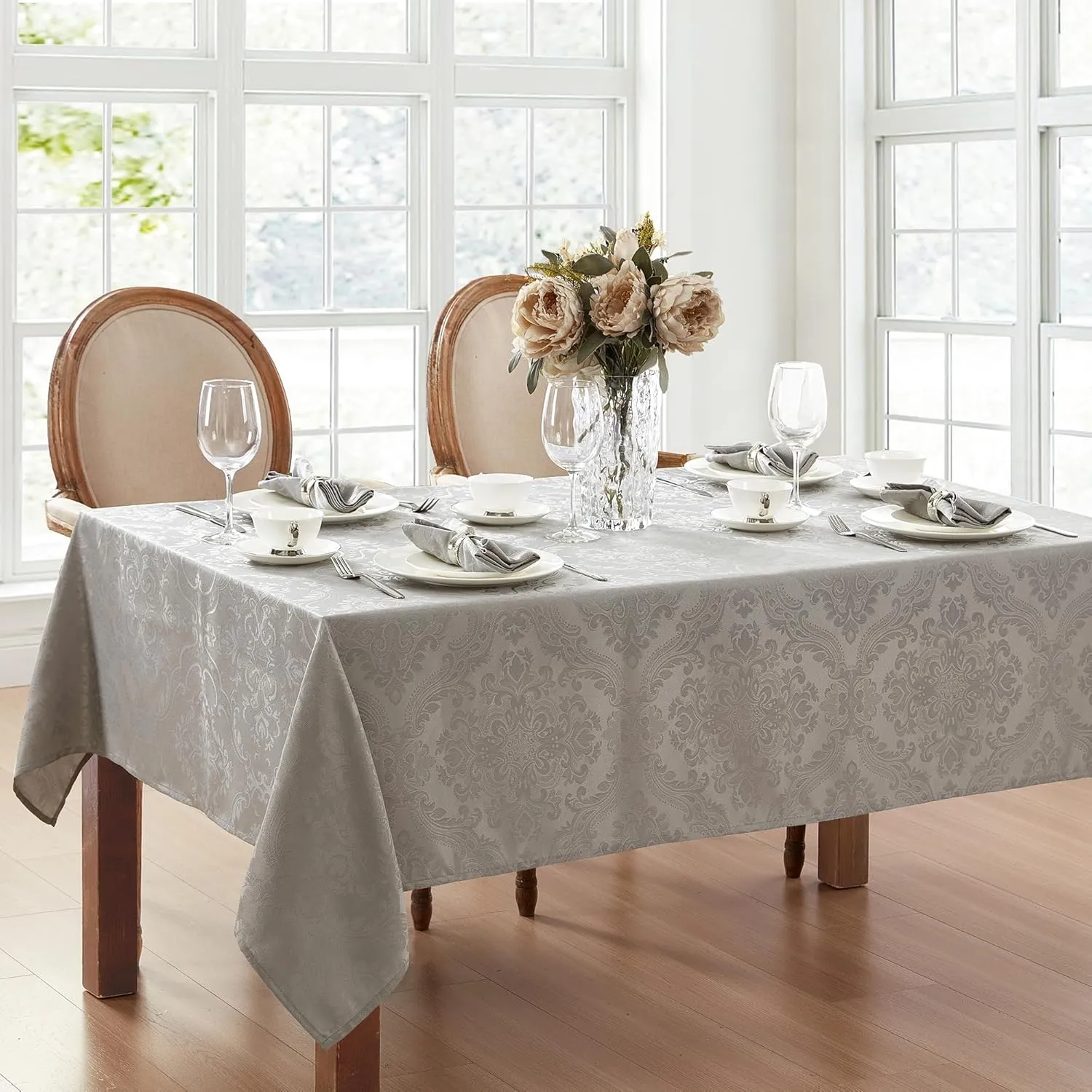 Elrene Home Fashions Caiden Elegance Damask Waterproof, Stain & Wrinkle Resistant Fabric Tablecloth, 60" x 120" Oblong/Rectangle, Silver