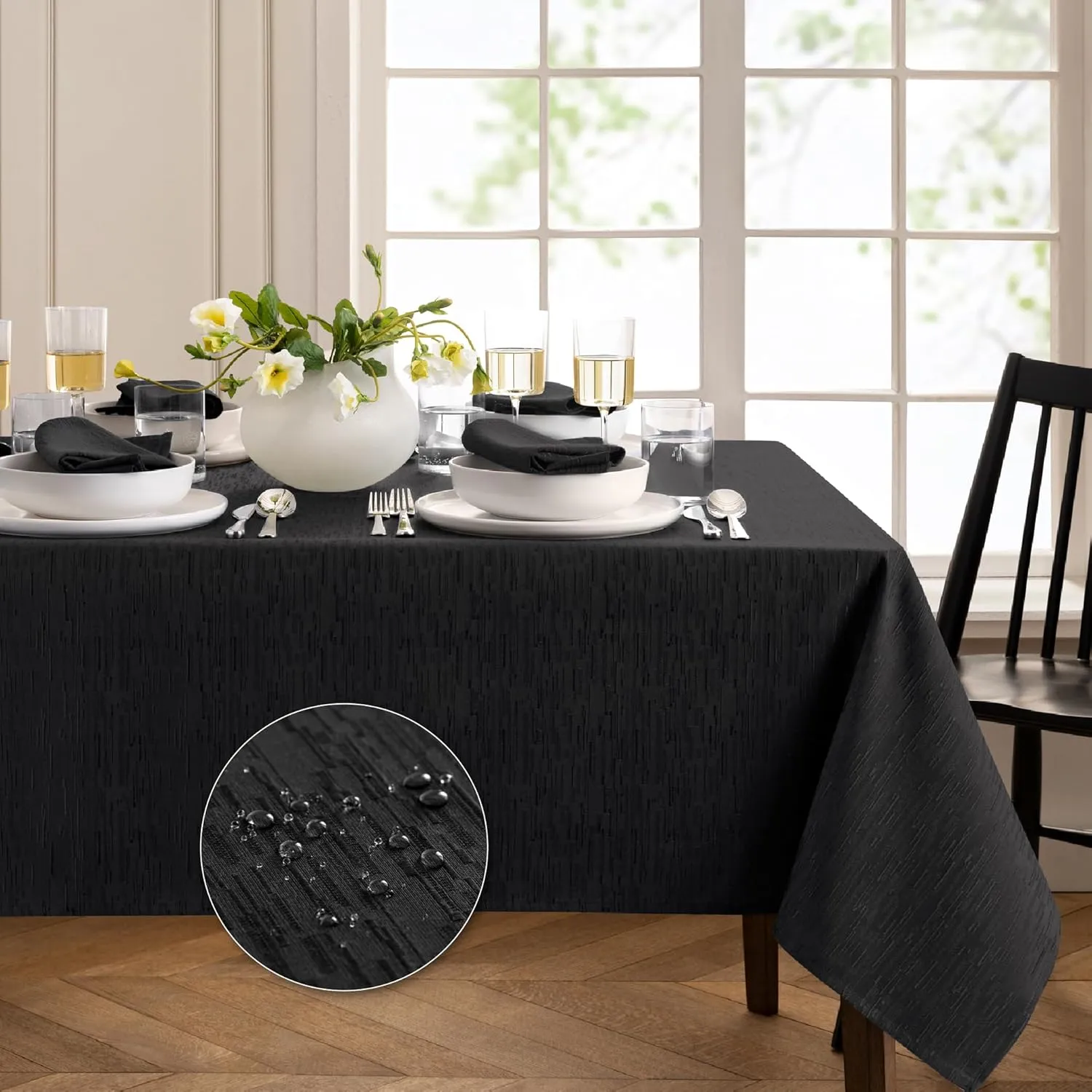 Elrene Home Fashions Continental Solid Texture Water, Stain & Wrinkle Resistant Tablecloth, 60"X120" Rectangle, Black