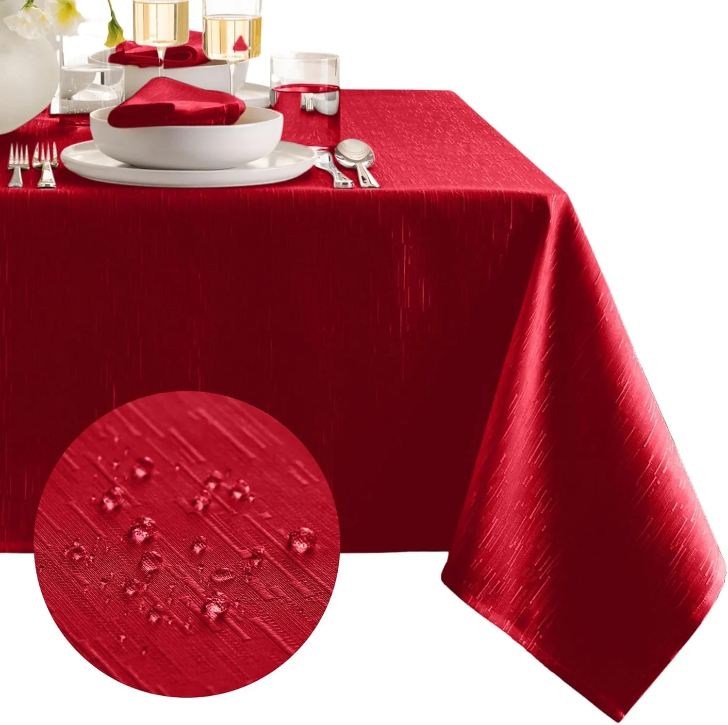 Elrene Home Fashions Continental Solid Texture Water, Stain & Wrinkle Resistant Tablecloth, 60"X120" Rectangle, Red